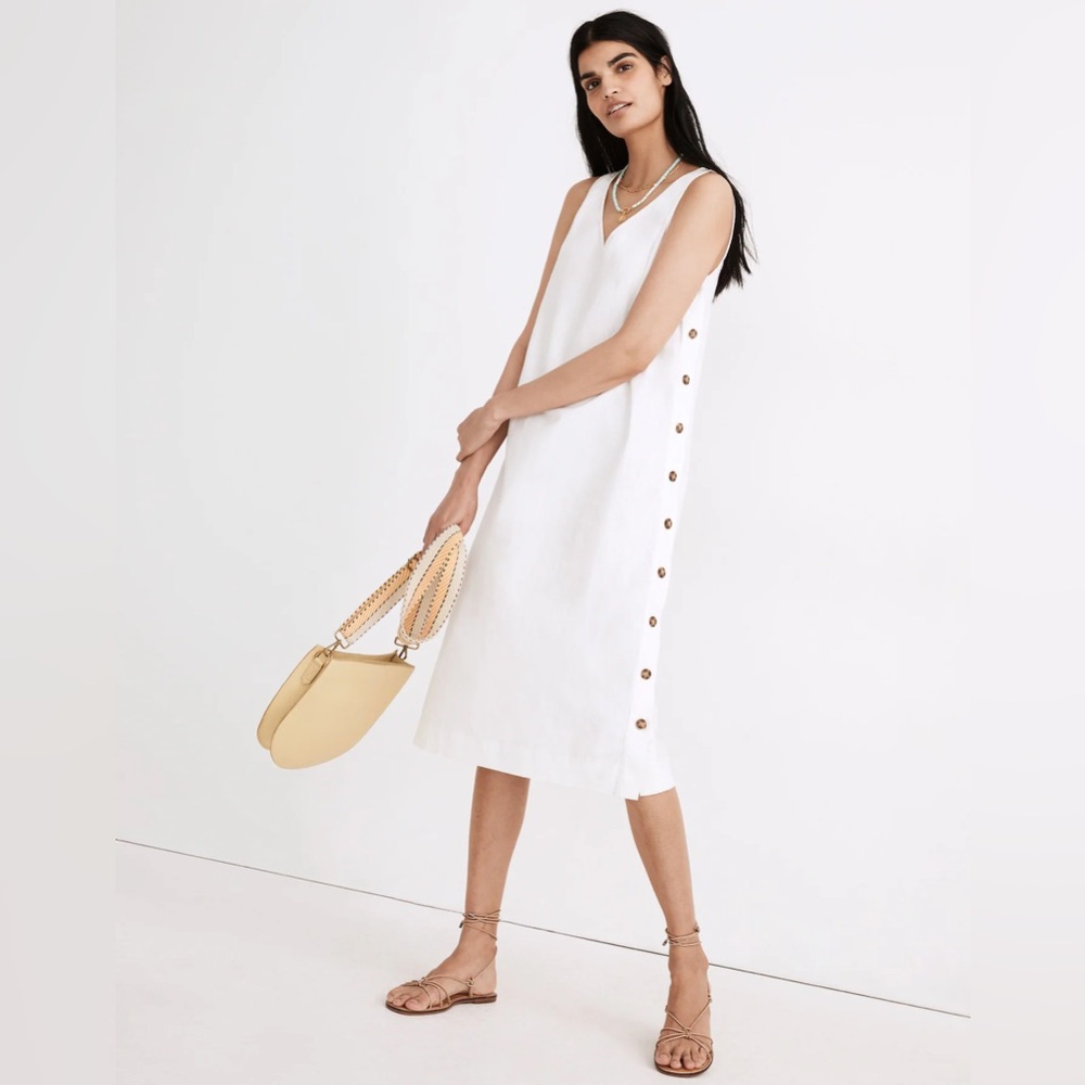 madewell linen cotton side button sheath midi dress